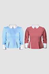 Combo of Peplum Slit Top with Collar and Cuff - Blue & Pink 