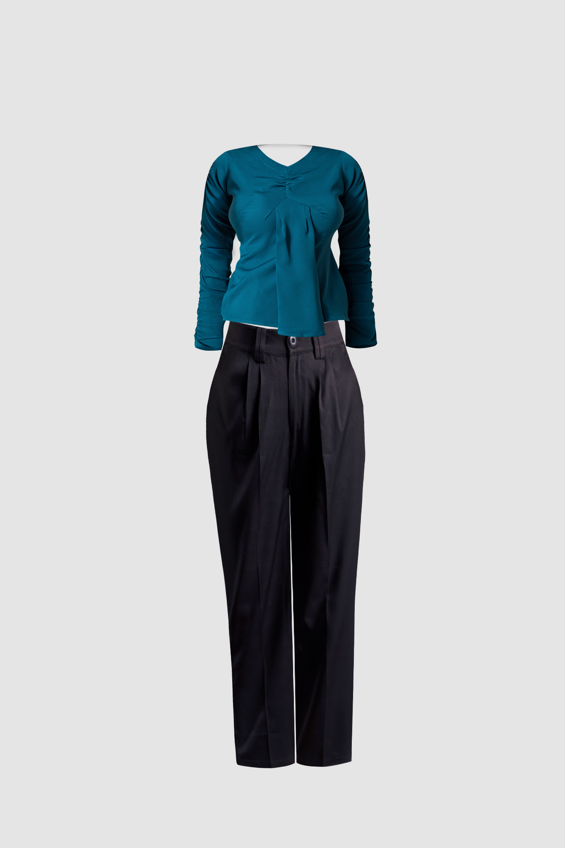 (Combo) Black Wide Leg Pant (Iris) &amp; Green Ruffled Sleeve Front Pleated Top (Aria)