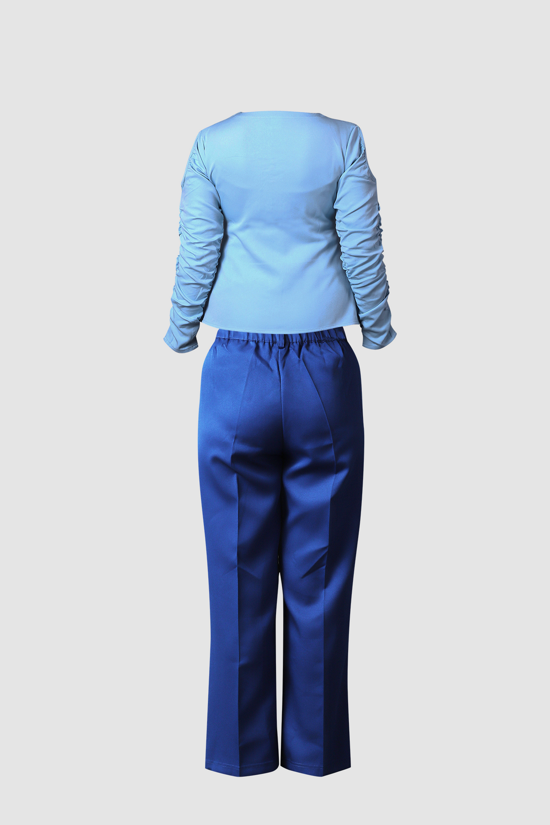 Blue Wide Leg Pant and Ruffled Sleeve Front Pleated top 