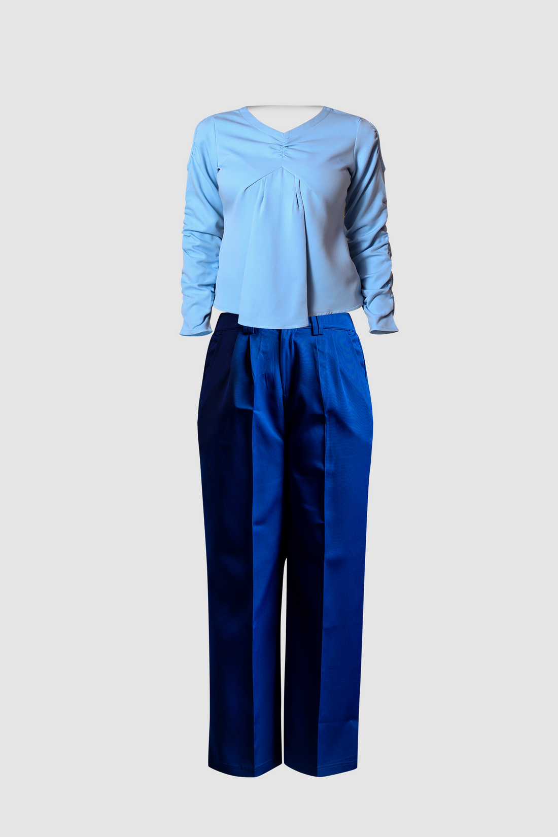 Blue Wide Leg Pant and Ruffled Sleeve Front Pleated top 