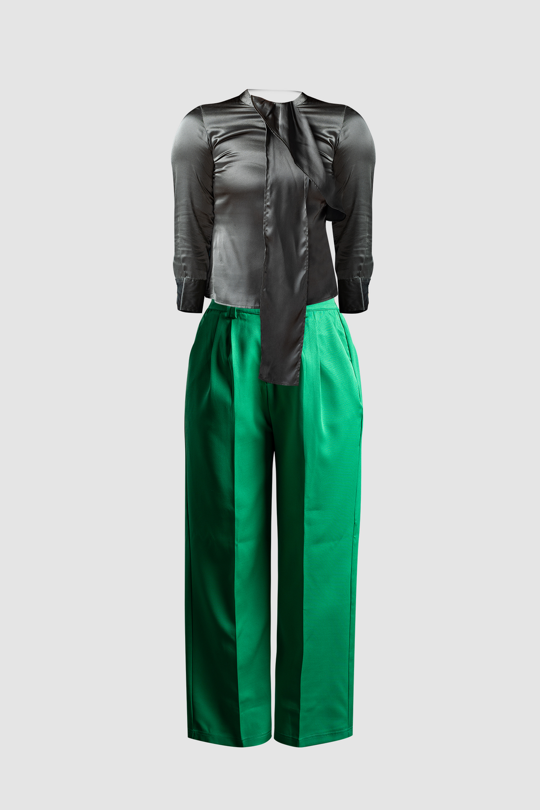 Green Wide Leg Pant &amp; Satin Front Pleated Top