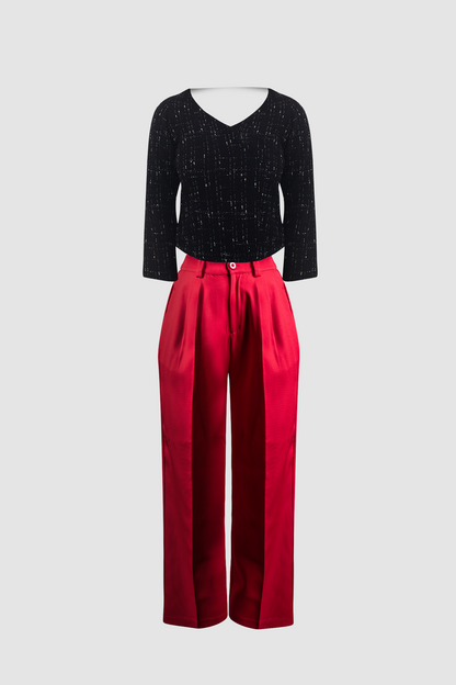 (Combo) Red Wide Leg Pant (Iris) &amp; Premium Black Tweed Top (Aurora)