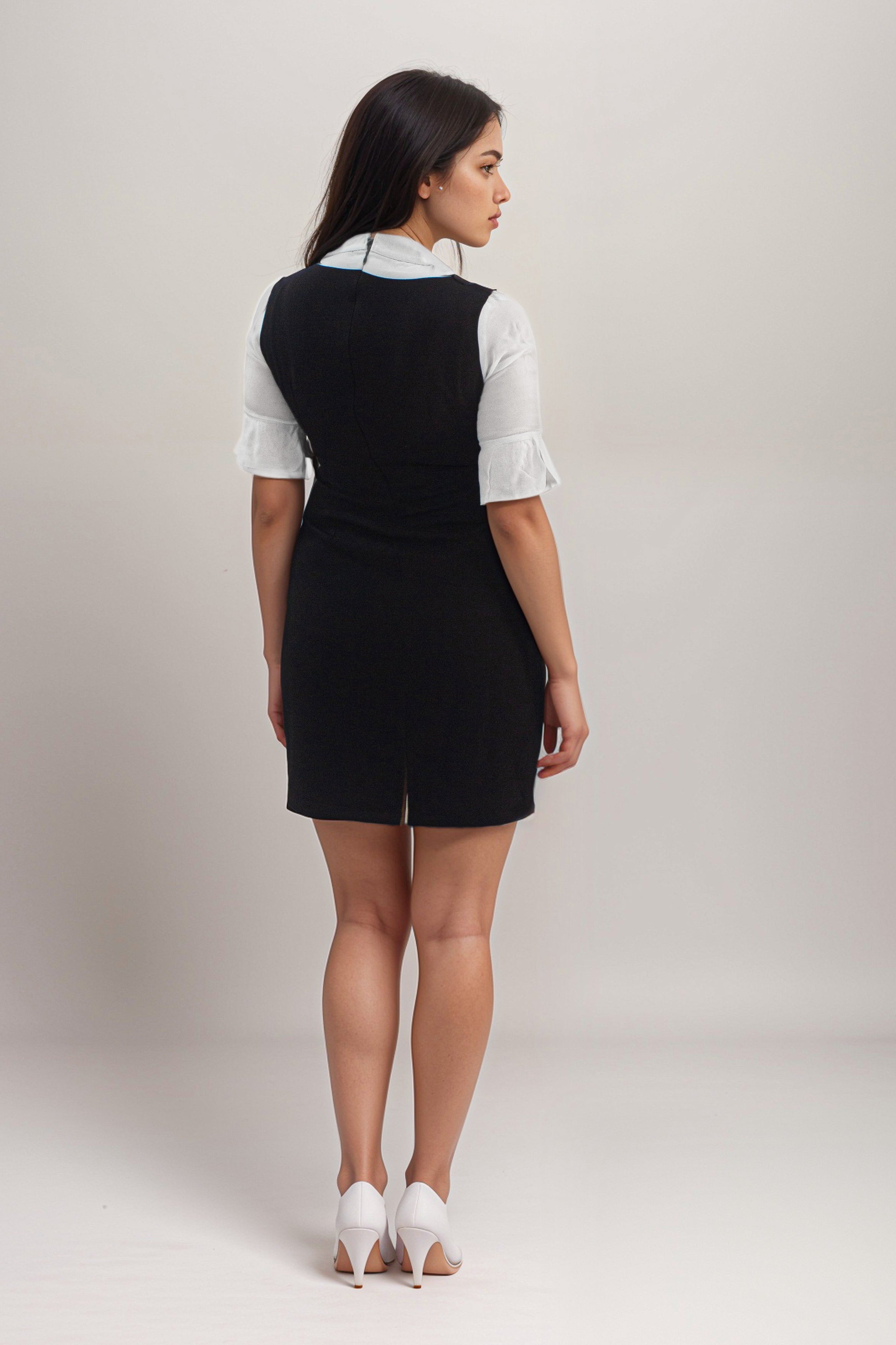 B&amp;W Mini Dress with Pintucks &amp; Bow Neck - Perah