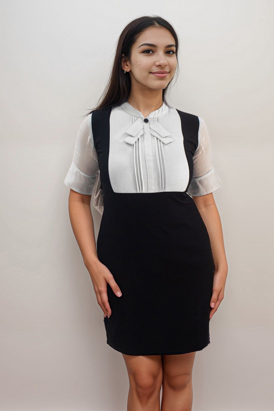 B&amp;W Mini Dress with Pintucks &amp; Bow Neck - Perah