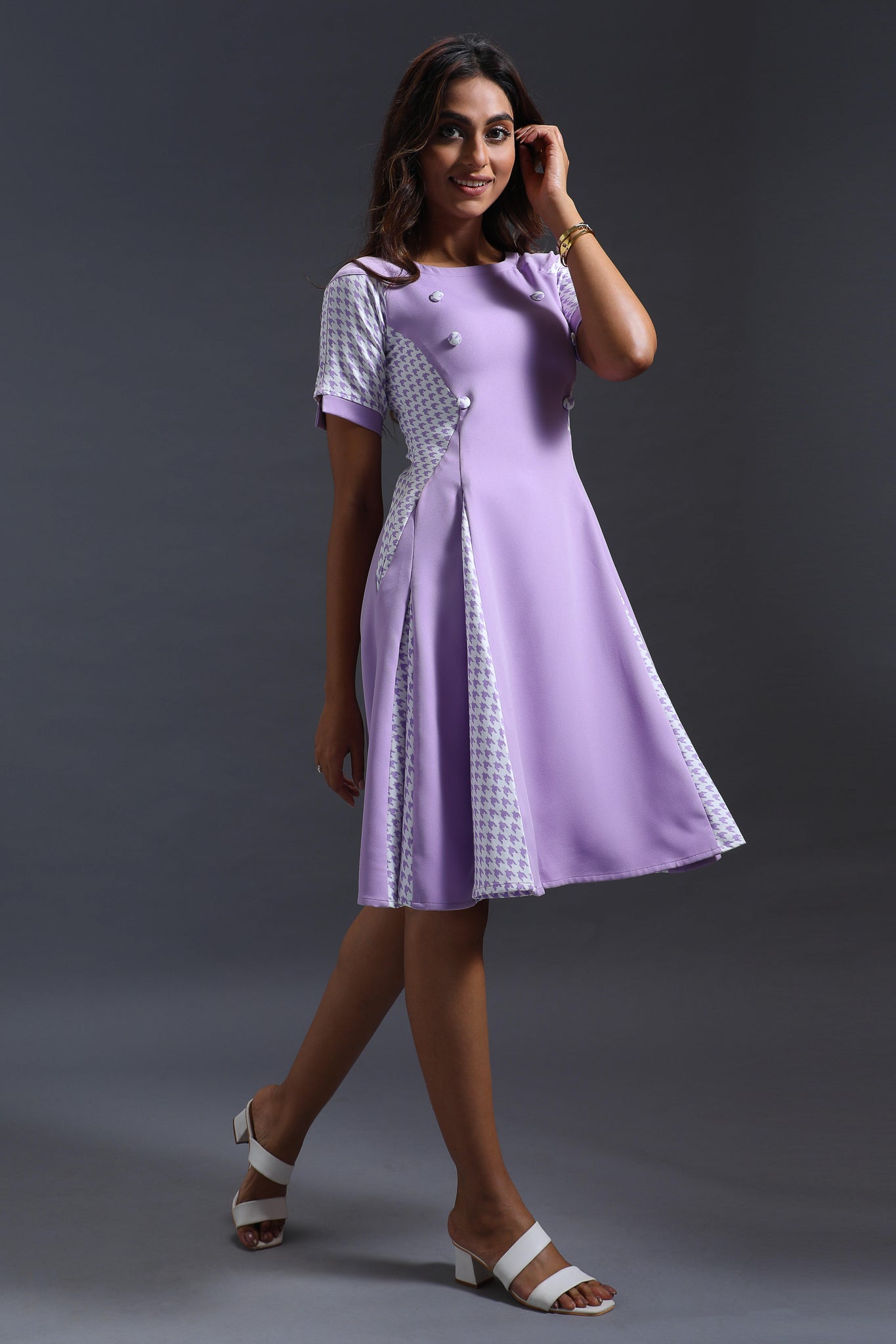 Lilac Houndstooth Godet Dress