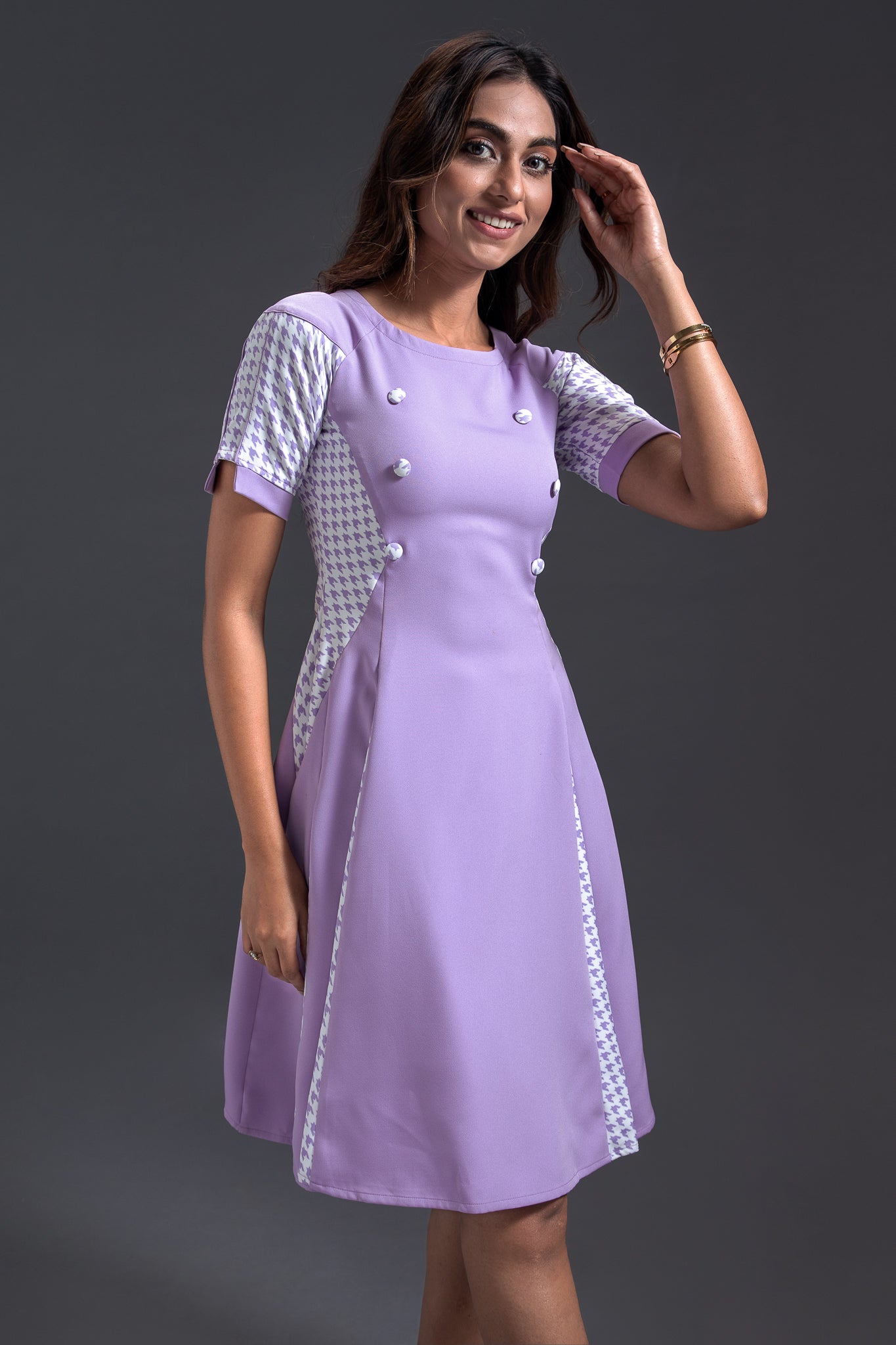 Lilac Houndstooth Godet Dress