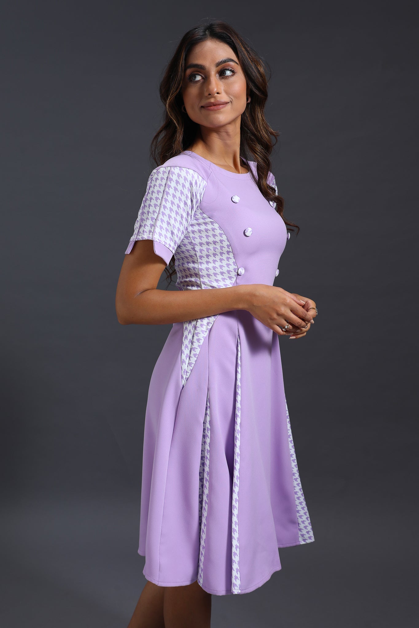 Lilac Houndstooth Godet Dress