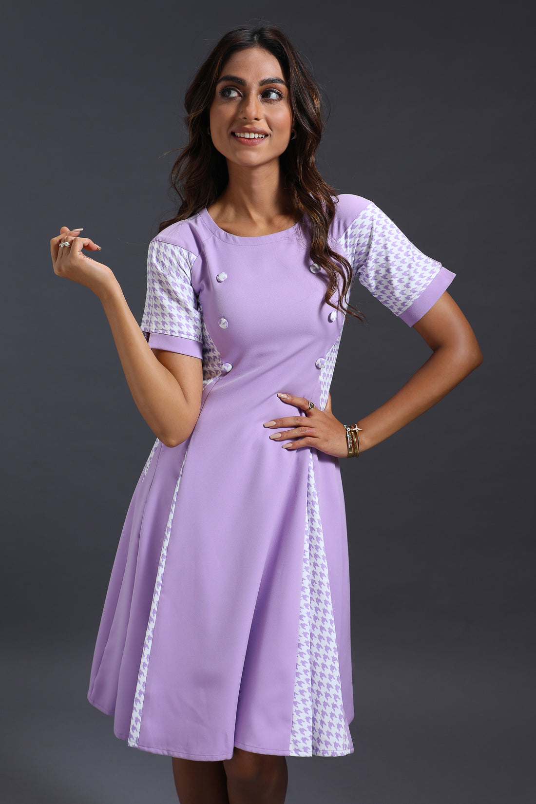 Lilac Houndstooth Godet Dress