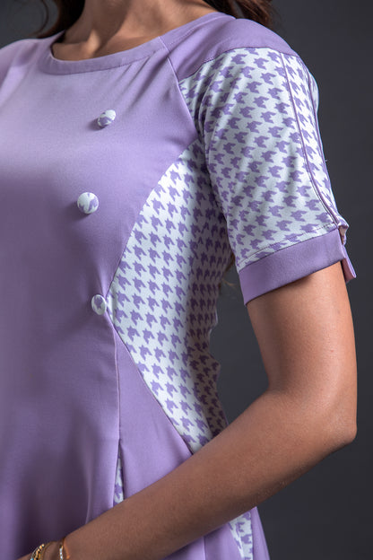 Lilac Houndstooth Godet Dress