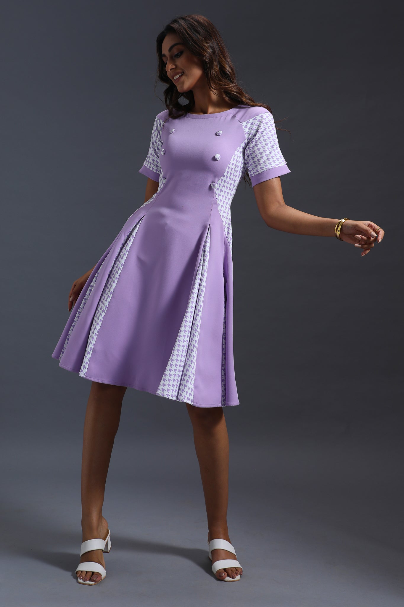 Lilac Houndstooth Godet Dress