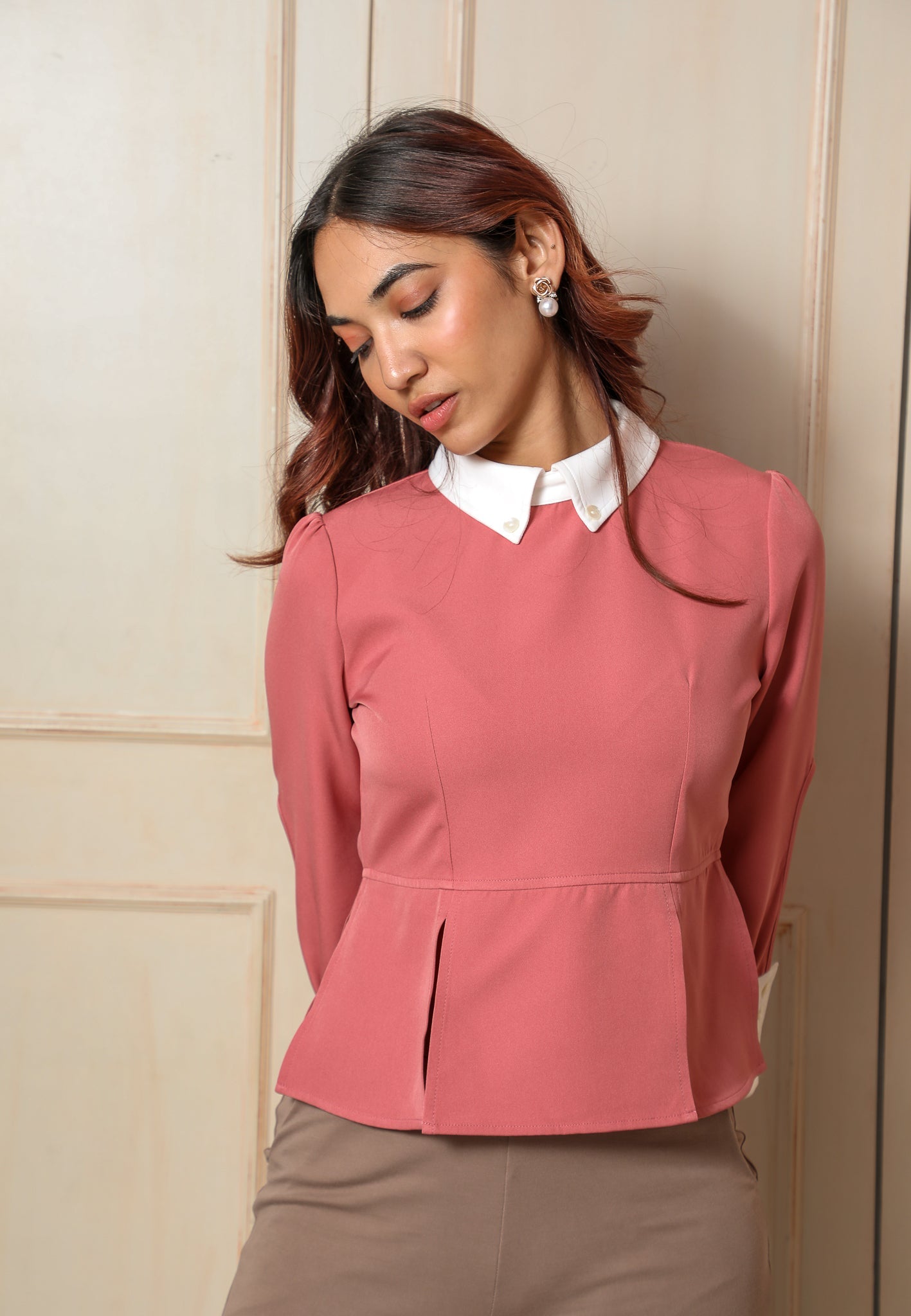 (Combo) Slit Peplum Collar Top - Carissa (Blue &amp; Pink)