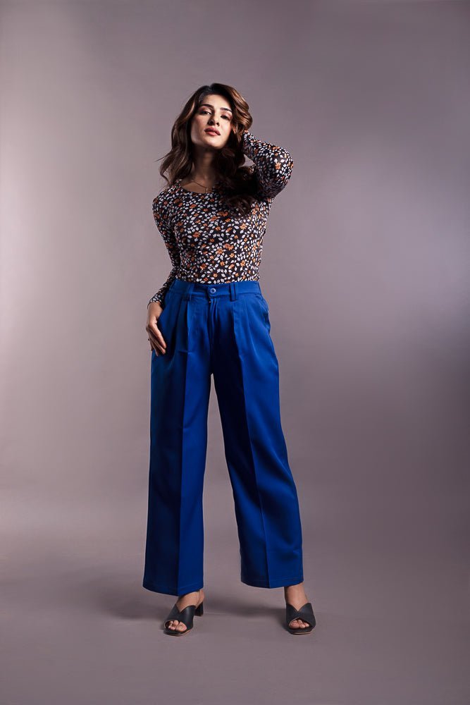 (Combo) Blue Wide Leg Pant (Iris) &amp; Black Floral Fitted Top (Sera)