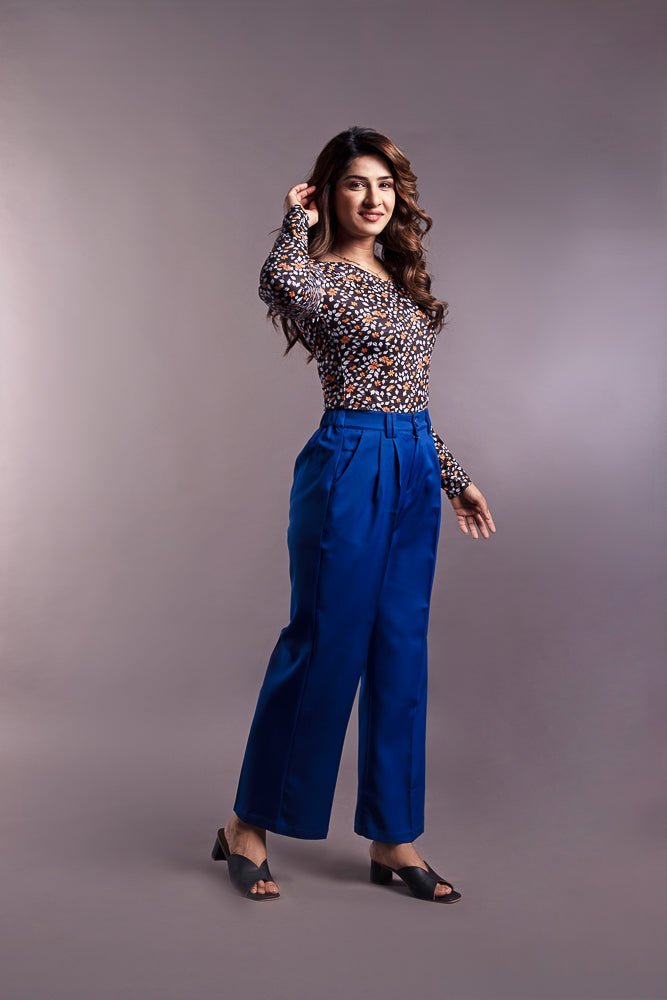 (Combo) Blue Wide Leg Pant (Iris) &amp; Black Floral Fitted Top (Sera)